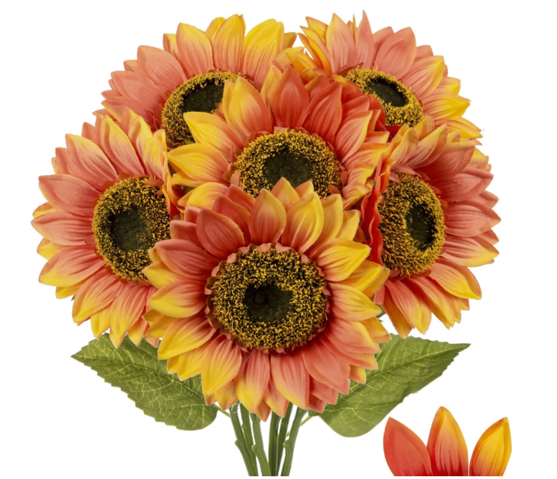 Briful 6 Packs Sunflowers Orange Artificial Flowers 7" Large Silk Sunflower Heads 26" Tall Artificial Flowers Fake Sunflowers for Centerpieces Home Office Wedding Decor Floral Arrangement