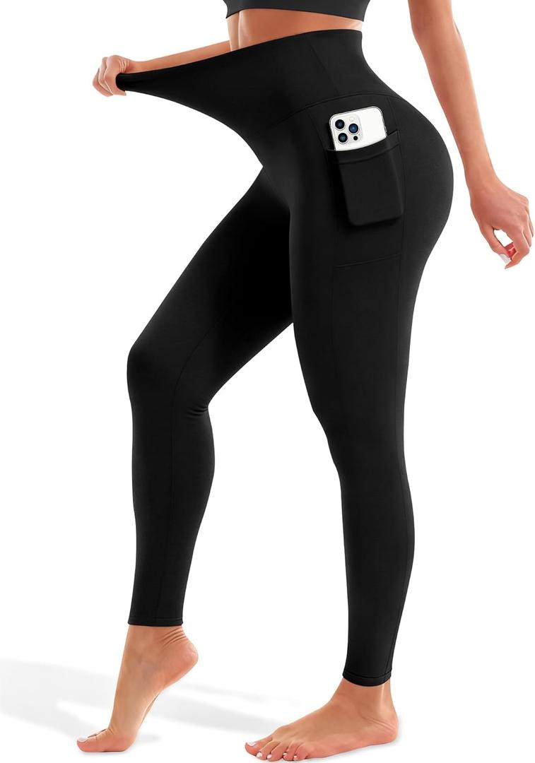 Blue Breath Leggings with Pockets for Women-High Waisted Full Length Yoga Pants Tummy Control Workout Athletic Daily (Black, L)