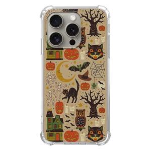 Qivtpjkrin Vintage Halloween Design Phone Case for iPhone 15 Pro max, Hippie Cat Skull Pumpkin Pattern Cover for Girls Boys for iPhone 15 Pro max, Unique Trendy TPU Bumper Cover Case