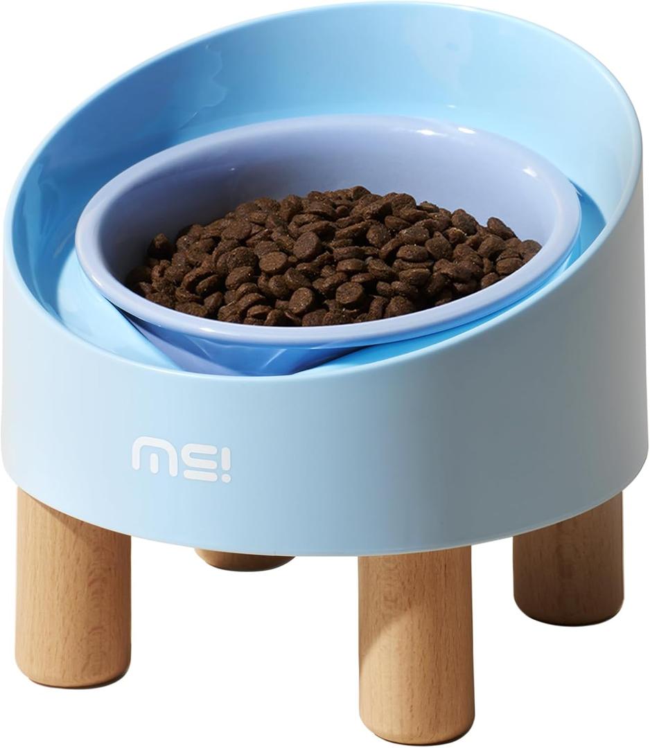 MS!MAKE SURE Cat Bowls, Adjustable Elevated Ceramic Cat Bowls with Anti-Slip Rubber Pad, Splash Guard, Lead & Cadmium Free, Whisker Friendly, for Puppies & Cats - 5.1" Wide, 295ML (10 oz), Blue (Spring Rolls-Blue)
