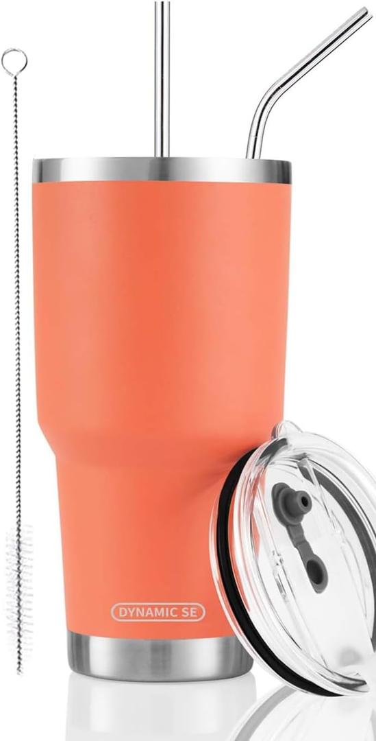 DS 30oz Orange Tumbler Stainless Steel Insulated Travel Mug with Straw Lid Cleaning Brush (30oz Orange)