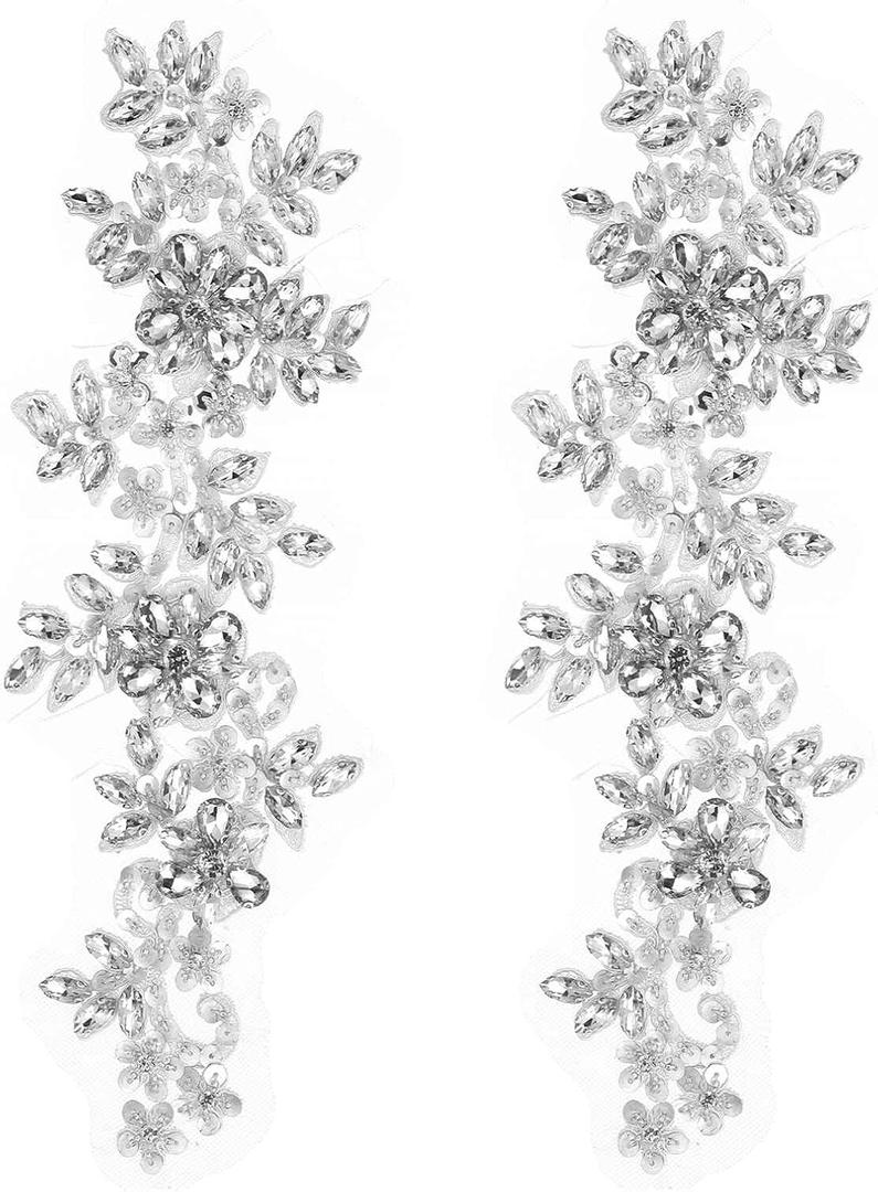 MECCANIXITY 2Pack Rhinestone Applique Patches, 13 x 4 Inches Silver Lace Embroidery Patches Sew on Rhinestone Beaded Sequins for Sewing Making Dresses Wedding Banquet Evening Gown Decoration