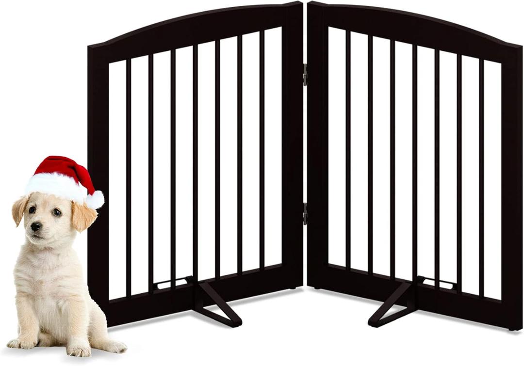 PUPETPO Freestanding Pet Gate for Dogs, Foldable Wooden Dog Gate for House, Indoor Pet Barrier for Stairs, Doorways, Support Feet Included, 24" Height 2 Panels, Brown
