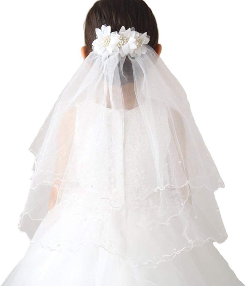 Girl's Two Layers Tulle First Communion Veils with Pearls for Wedding Prom Party Church Catholic Baptism (Ivory 2)