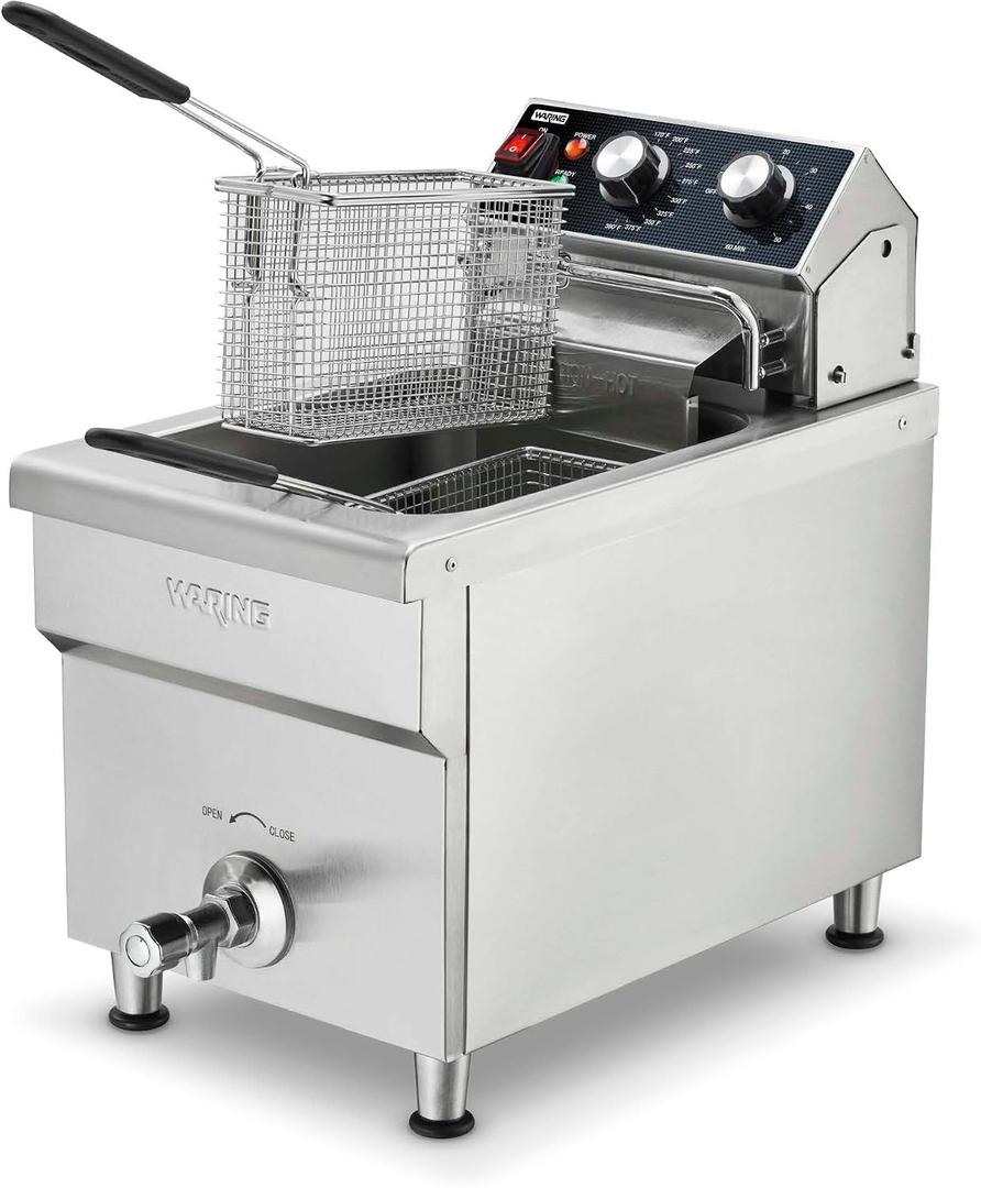 Waring Deep Fryer with 15 lb Capacity & Variable Temperature Control | 15 lb Capacity, Front Mounted Drain Spigot, Two Half-Size Baskets, 15lb of French Fries an Hour, Variable Temperature Control