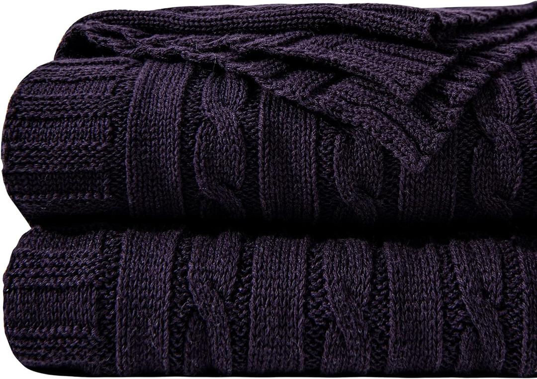 NTBAY 100% Pure Cotton Oversize (60x80) Cable Knit Throw Blanket, Super Soft Warm Knitted Blanket for Bed, Sofa, Chair, Couch - Extra Cozy, Machine Washable, Comfortable Home Decor, Eggplant Purple