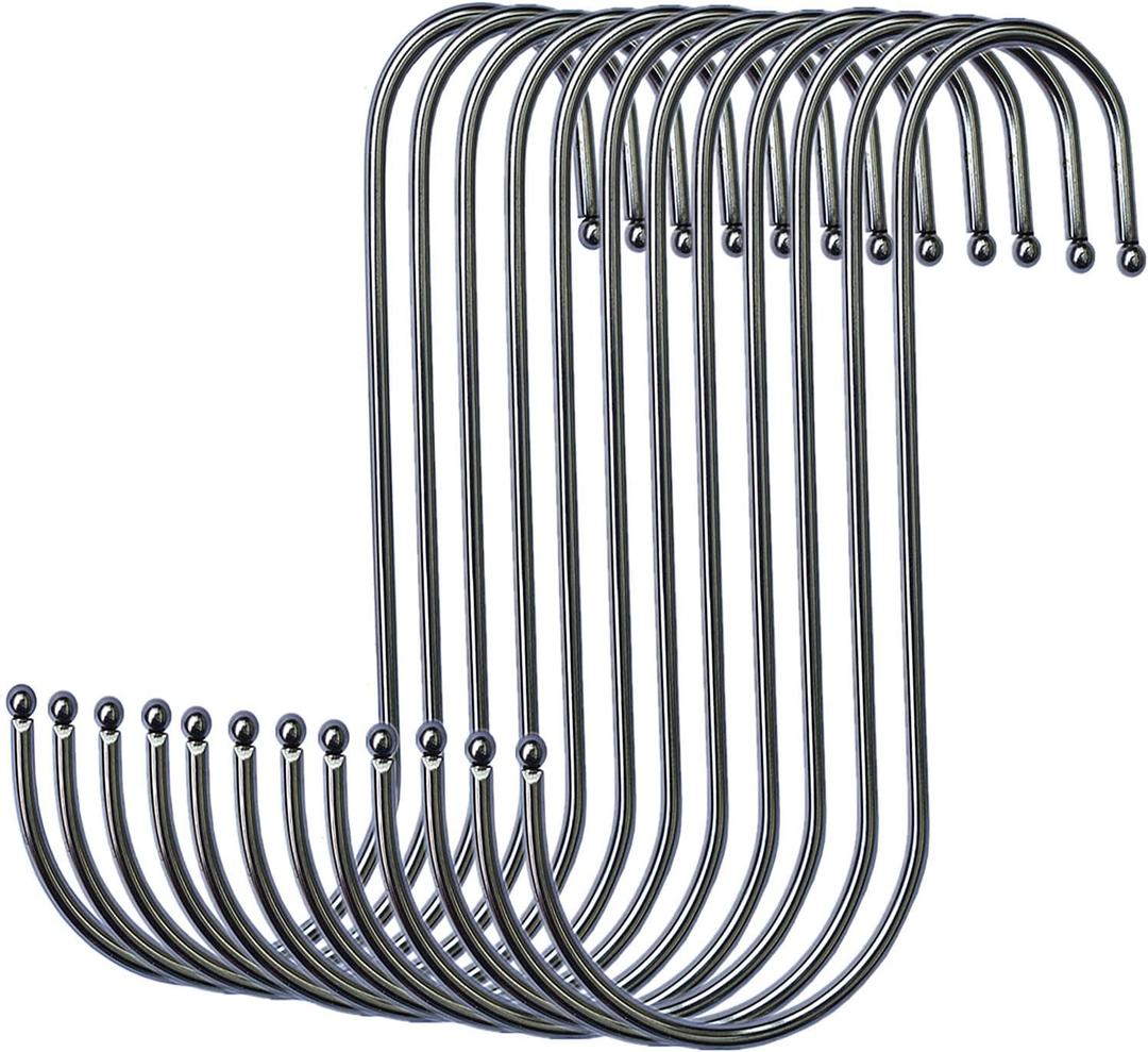 S Hooks Hanging Metal Hook (12 Pack) Stainless Steel Large 6 Inch with Round Stopper Non Slip for Closet Clothes Plants Cups Towels Tools Ornament (Silver)