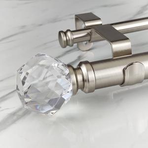Double Curtain Rod Set:1-1/8 Inch Diameter Luxury Silver Curtain Rods, 72-144 Inches Adjustable Silver Drapery Rod with Crystal-clear Faceted Finials for 1 Pack