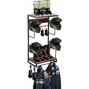 Motorcycle Helmet Rack, Wall Mount with 4 Glove Chips, 10 Hooks and Rustic Finish for Multiple Helmets and Clothes