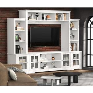 Tatub Large Wall Unit Entertainment Center with Storage, Modern TV Entertainment Center with Bookshelves and Bridge Cabinet, Living Room Tall Bookshelf with Storage, 65.7" Wide for TV Placement, White