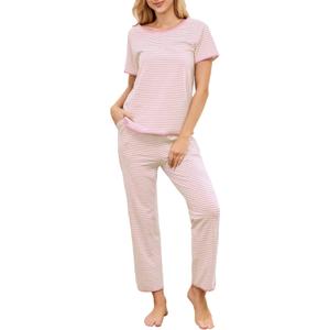 Fysumeoa Womens Cotton Pajama Sets Striped Lounge Sets Ladies Short Sleeve Pants Pjs Comfy Soft Loungewear Sleepwear with Pockets Pink Large