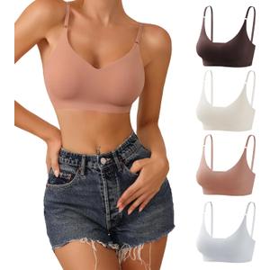 DEANGELMON V Neck Bra Padded Seamless Adjustable Straps Bralettes Everyday Basic Sleeping Bras Multiple Pack (X-Large, Brown,gray,apricot,pink)
