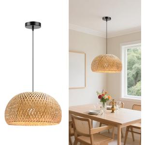 Rustic Bamboo Pendant Light, 15.74 inch One-Light Boho Basket Handmade Woven Pendant Lighting for Bedroom, Kitchen, Living Room Boho Decor