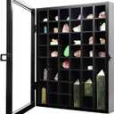 KCRasan Adjustable Rock Display Case - Wooden Crystal Organizer for Stones Storage - Rock Collection Box with Shelves for Agate Opal Crystal Stone Arrowheads Spear Points Rocks, Large Black