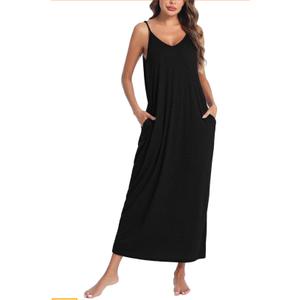 Marvmys Women's Cotton Long Nightgowns Spaghetti Strap V Neck Full Slip Sleep Shirts with Pockets. Size L, XL