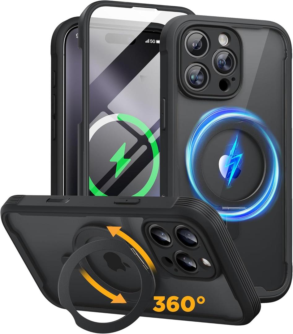 Miracase for iPhone 16 Pro Max Case with 360 Magnetic Ring Stand [Compatible with Magsafe] Full-Body Drop Proof Bumper Phone Case with Built-in 9H Tempered Glass Screen Protector,Black
