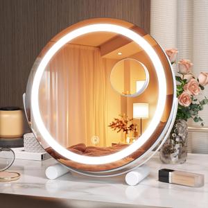 Hasipu Vanity Mirror with Lights, 11" x 11" LED Makeup Mirror, Lighted Makeup Mirror with Lights, Smart Touch Control 3 Colors Dimmable Mirror 360 Rotation White