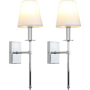 PERMO Set of 2 Classic Rustic Industrial Wall Sconce Lighting Fixture with Flared White Textile Lamp Shade and Chrome Tapered Column Stand, Hardwired, E26 Base