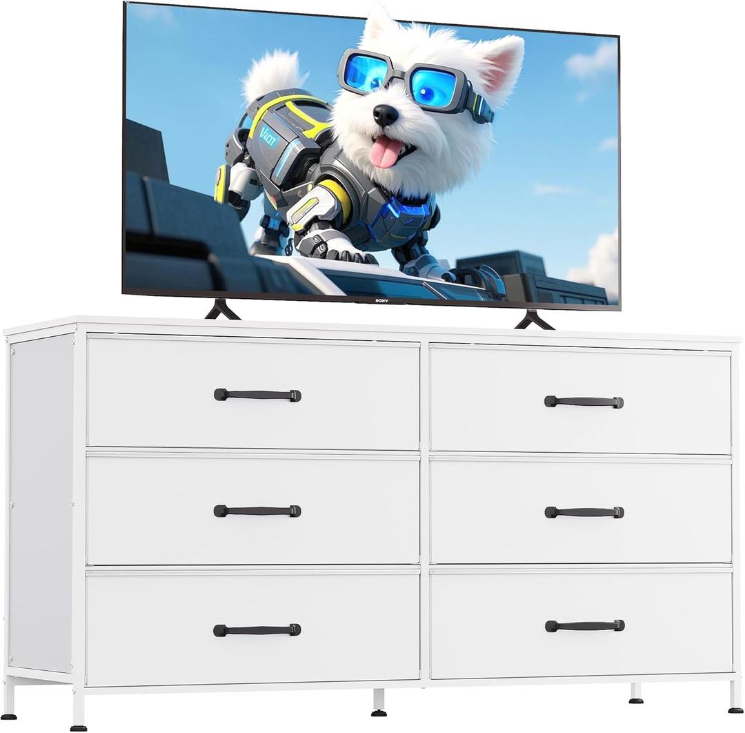 WLIVE Wide Fabric Dresser, 6 Drawer Dresser TV Stand for 60" TV, Dressers Bedroom Furniture Large Storage Tower Unit with Fabric Bins, White Dresser for Bedroom, Closet, Hallway, White