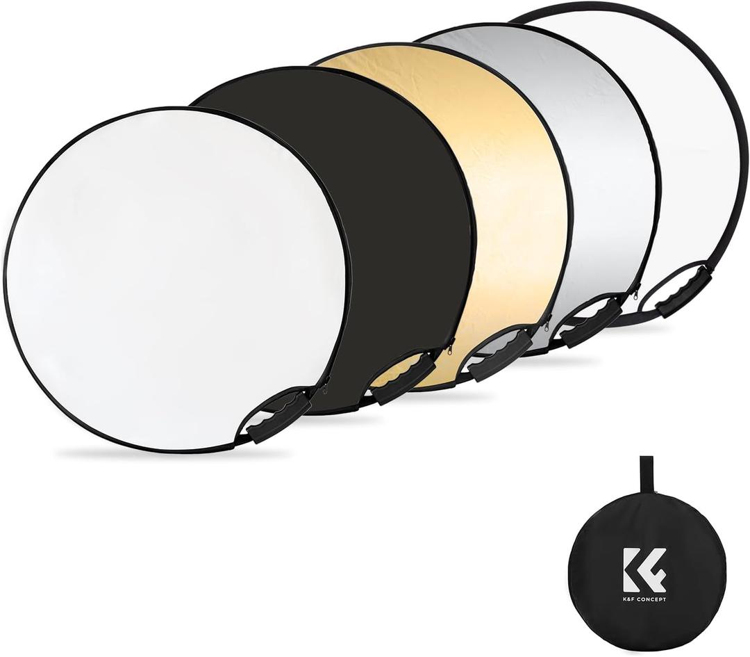 K&F CONCEPT 5-in-1 Light Reflector with Grip 22"(60cm) Photography Diffuser Collapsible Portable for Studio and Outdoor Lighting Gold Silver White Black Translucent