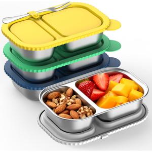 Stainless Steel Snack Containers with Silicone Lids, 4 Pack Reusable 2 Compartment Food Storage Containers, Snackle Box Container Leak-Proof Metal Bento Lunch Box for School, Travel, Home