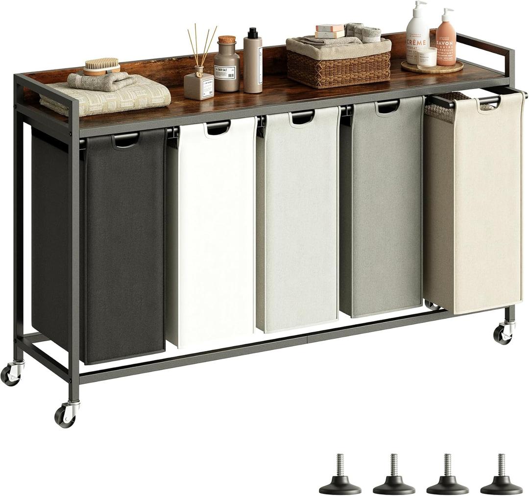 Laundry Hamper with Shelf, Laundry Basket 5 Section, Laundry Sorter with Pull-Out Removable Large 5 Color Bags and Movable Wheels, Metal Frame, 5 x 15.87 Gallons (60L), Rustic Brown PF08XLN
