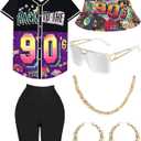 80s 90s Outfit for Women, Unisex Hip Hop Costume Baseball Jersey Shirt Yoga Pants Bucket Hat Gold Chain Rapper Accessories (Small)