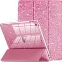INFILAND for iPad 9th/8th/7th Generation Case 2021/2020/2019 10.2 inch, Glitter Slim Protective Cover with Clear Back, Pencil Holder for Kids Girls for iPad 7/8/9 Gen, Pink (Rose red)