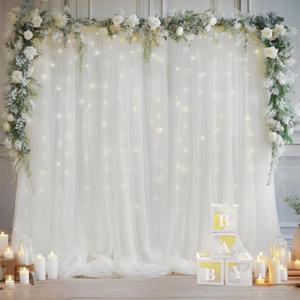 1010ft White Tulle Backdrop Curtain with Lights String for Parites, Sheer Curtain Backdrop Drapes for Wedding Party Home Decorations (10ftx10ft)