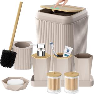 Bathroom Accessories Set - Unbreakable Beige Bathroom Set, Trash Can, Toilet Brush with Holder, Soap Dispenser, Toothbrush and Toothpaste Holder, Tumbler, Soap Dish, Qtip Holders, Tray, Bamboo Decor (9 Pieces)