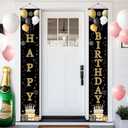 Birthday Door Banner 12x71 Inch Vertical Hanging Decoration Gold Black Happy Birthday Letter Sign Polyester Entryway Welcome Party Backdrop Indoor Outdoor Door Panel Wall Display