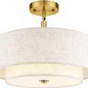 AUTELO Gold Semi Flush Mount Ceiling Light, 3-Light 16" Ceiling Light in Brushed Gold Finish with Drum Fabric Shade for Hallway Bedroom Kitchen, C2506 BG-16