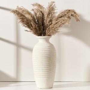 Vaseking Ceramic Natural Rustic Vase, 14.4 Inch Large Vintage Flower Threaded Decorative Farmhouse Tall Vase for Home Decor, Living Room, Shelf Decor, Wedding, Housewarming Gift, Off-White