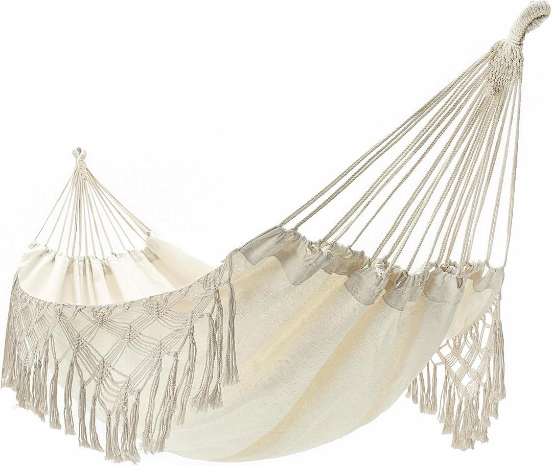 Double Boho Macrame Hammock Cotton Canvas Portable Replacement Hammock 440lbs Load Capacity White
