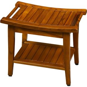 TEAKMAMA Teak Shower Bench with Handles 20" Waterproof Bathing Teak Wood Bench Shower Stool with Storage Towel Shelf Bath Stool for Indoor Use Easy Assembly