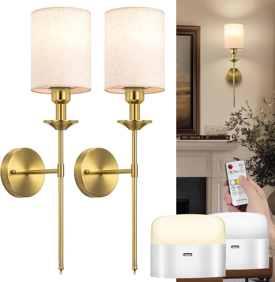 Battery Operated Wall Sconce, 13000mAH Rechargeable Wall Sconce Set of 2 with Remote 3 Colors Wireless Battery Powered Wall Lamp Decor Fixture for Bedroom Living Room (Gold-Line)