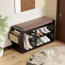 Solid Wood Shoe Bench with Leather Cushion, Shoe Storage Organizer with Side Holder, Shoe Rack Bench for Entryway, Hallway, Living Room, Mudroom, Holds Up to 600 lb (Black, 31.5"Wx12.6"Dx18.9"H)