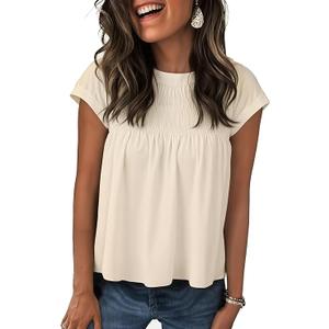 Women's Cotton Smocked Short Sleeve Crop Blouse – Casual Crew Neck Baby Doll Top, Lightweight Loose Fit Summer Shirt (US, Alpha, Small, Regular, Regular, Khaki)