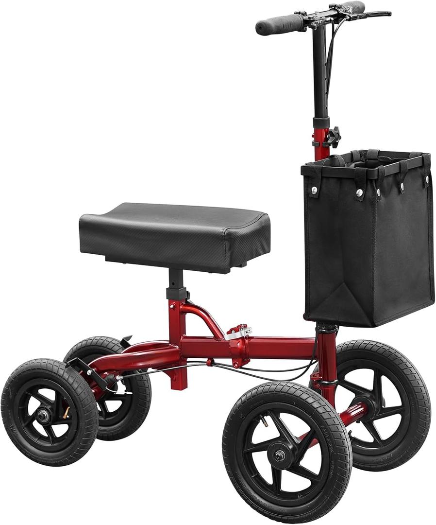 All Terrain Steerable Knee Scooter Deluxe Medical Scooter for Adults for Foot Injuries, Foldable Knee Walker Leg Crutch Alternative, Large Size, Dual Braking System, 12" Pneumatic Front Wheel, Red