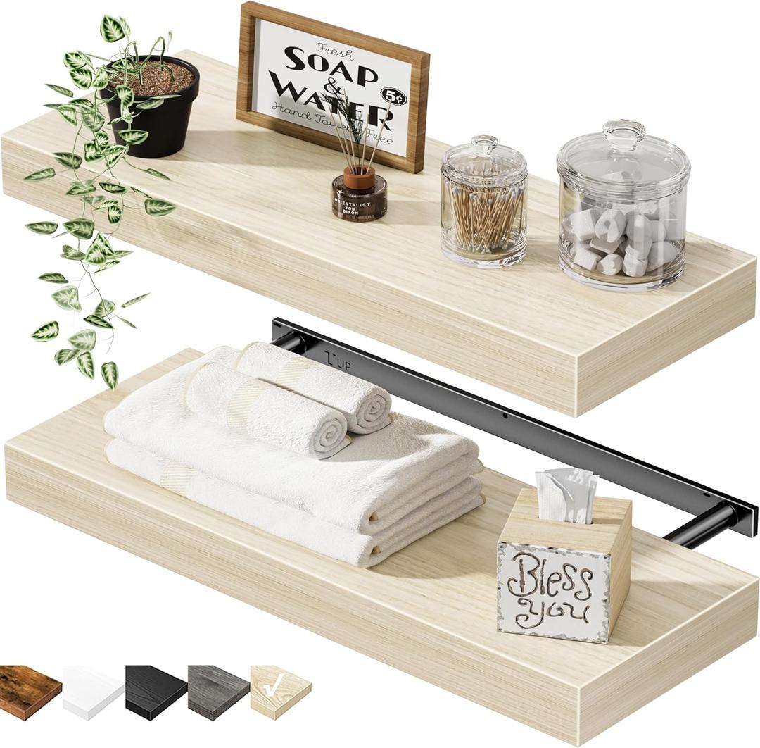QEEIG Bathroom Floating Shelves for Wall - 15.7" Wall Mounted Shelf Over Toilet Farmhouse Home Decor Display Bookshelf Small 15.7 x 6.7 inch Set of 2, Natural (008-40N)