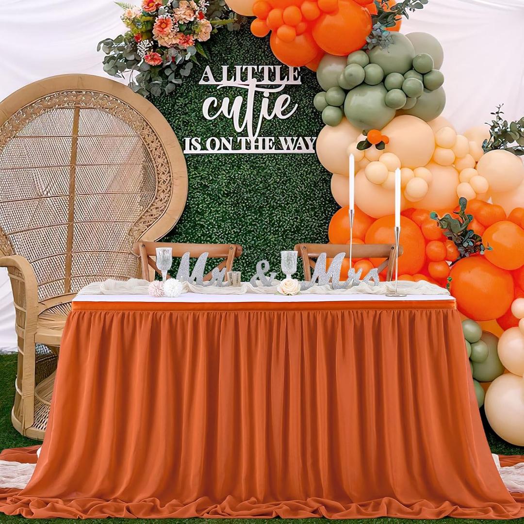 QueenDream Chiffon Table Skirt for Wedding Decorations - 6ft Terracotta Sheer Tablecloth for Baby Shower Birthdays Party Home Cake Table Decorations 2 Layer