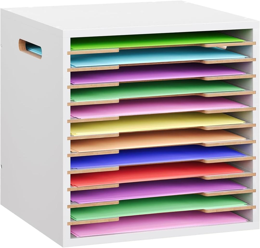 ToBeAce 12x12 Scrapbook Paper Storage Organizer Wood, 12 Tier Desk File Organizer with Handle, Stackable Paper Sorter Holder with Adjustable Shelves for Craft Room Home Office Classroom Desktop, White