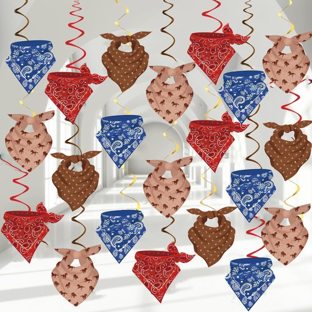 72pcs Western Cowboy Paisley Bandanas Hanging Swirl for Baby Shower Birthday Party Ceiling Decorations Streamers Halloween Party Supplies,Red Brown Blue White