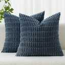 MIULEE Corduroy Decorative Throw Pillow Covers 18x18 Blue Pack of 2 | Soft Boho Striped Pillow Covers Modern Farmhouse Coastal Home Decor For Sofa Living Room Couch Bed