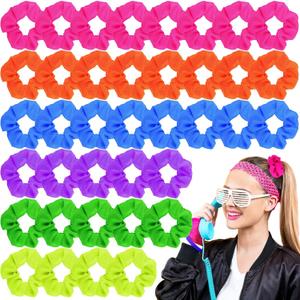 XunYee 48 Pcs Neon Scrunchies Bulk for 80s Hair Ties Bright Color Neon Hair Accessories Scrunchy Elastic Hairbands for Women Ropes Ponytail Bands 90s Party Outfits Workout, 6 Solid Colors