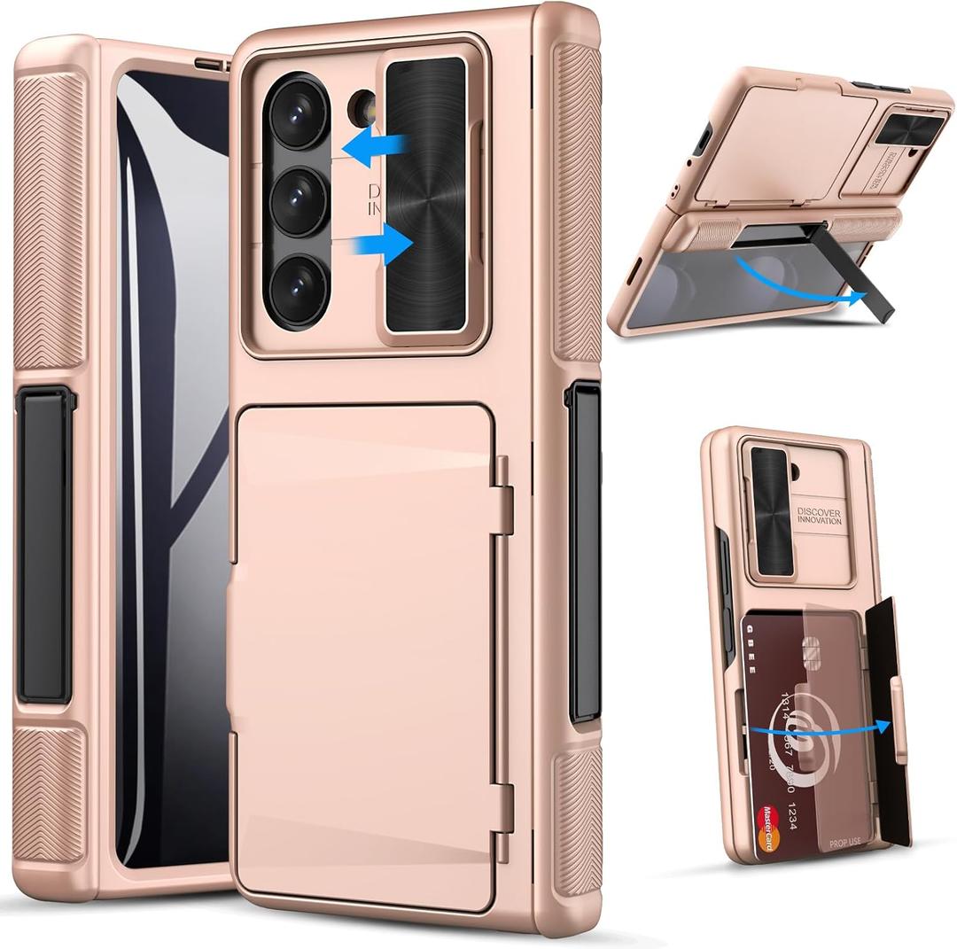 GBEE for Samsung Galaxy Z Fold 5 Case with Stand & Card Holder, Built-in Slide Camera Protective Cover & Screen Protector & Hinge Protection, Sturdy Kickstand Wallet Phone Case for Z Fold 5, Rose Gold