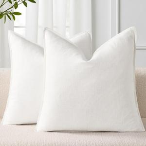 decorUhome Summer Decorative Linen Throw Pillow Covers 18x18 Inch Set of 2 Cream White Pillow Covers with Flange Edges Soft Farmhouse Boho Accent Pillow Cases for Couch Bed Living Room