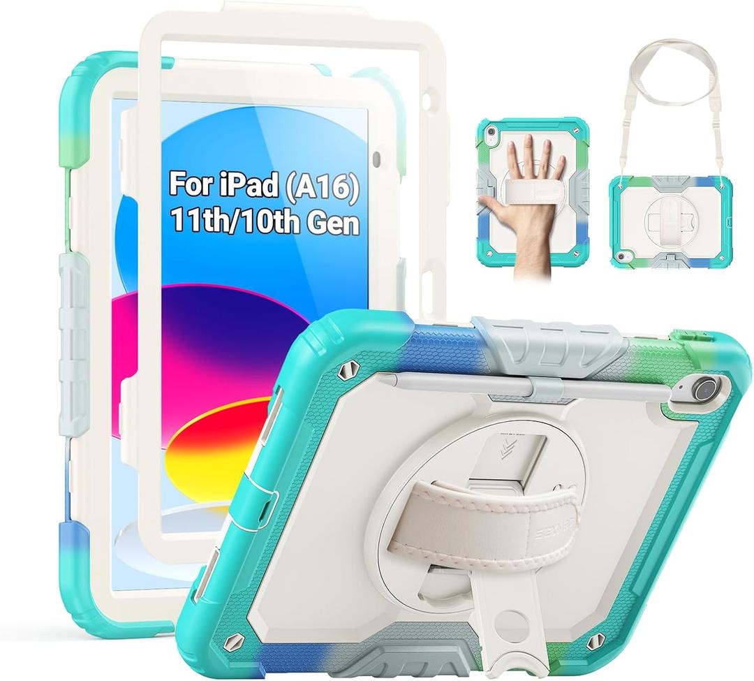 SEYMAC Case for iPad (A16) 11th/10th Generation 2025/2022 (11/10.9), Sturdy Heavy Duty Full-Body Shockproof Protective Case with Screen Protector, Rotating Stand, Hand/Shoulder Strap, Colorful/Blue