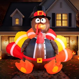 Joiedomi 6 FT Thanksgiving Inflatable Turkey Decorations, LED Light Up Turkey with Pilgrim Hat, Blow Up Decor for Thanksgiving Outdoor Decorations, Halloween Inflatable for Yard Garden