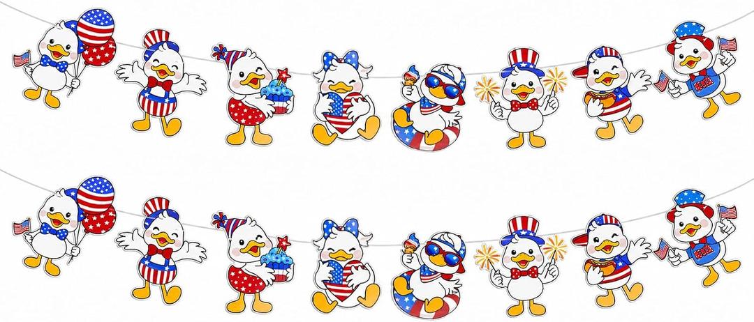 2 x G2PLUS 4th of July Garland 2 Pack 19.6Ft Total, Pre-Strung Patriotic Duck Banner, Red White Blue Paper Banner, American Flag Classroom Decorations for Independence Day School Party